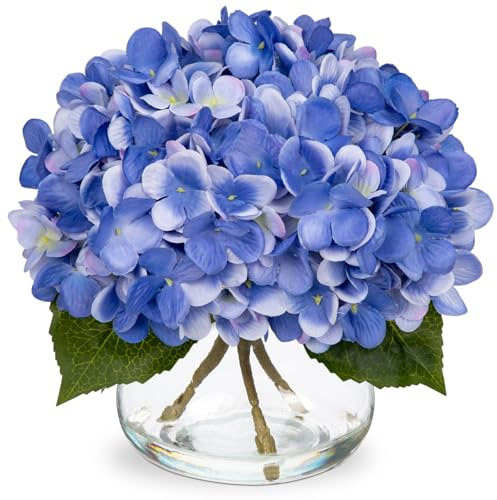 Oairse Hydrangea Artificial Flowers with Vase Silk Faux Hydrangea Flower in Glass Vase with Faux Water Blue Fall Flora Arrangement for Home Office Living Room Wedding Table Centerpiece Autumn Decor