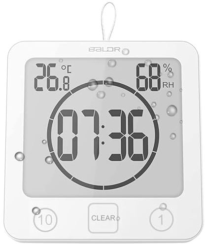 Waterproof Bathroom Wall Clock Shower Timer, Digital Large Visual Countdown Alarm Clock with Temperature Humidity, Mirror Suction & Rope Hanging & Stand, Easy Table Timer for Bath Kitchen Spa (White)