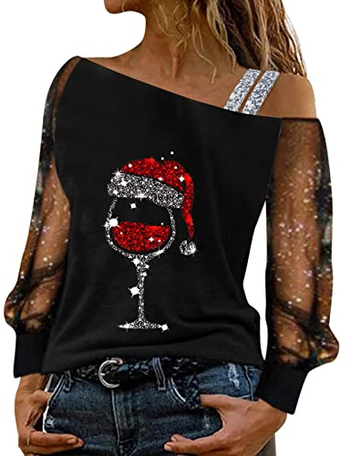 Haut Femme Chic Chemisier Blouse À Manches Longues Transparentes T-Shirt Paillettes Mode Mesh Chic Épaules Dénudées Chemisier Noël Haut Tops Pullover Couleur Unie Shirt Tunique Top Soirée