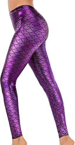 SXME MIGHT SAY Women's Shiny Mermaid Fish Scale Leggings – Stylish Slim Fit Stretchy Pants (UK, Numeric, 8, 22, Regular, Regular, S/M (8-10), Purple)