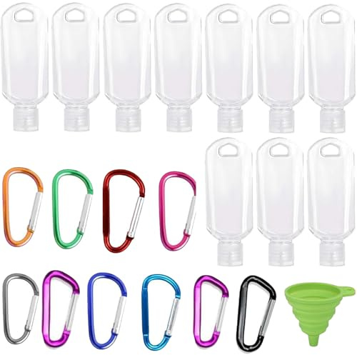 10Pcs 60ml Travel Bottles for Toiletries, Travel Hand Sanitiser Container, Mini Hand Sanitiser Holder with Keyring Clip, Portable Refillable Leak-Resistant