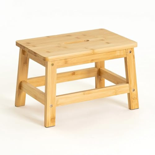 CASASELECCION - Taburete Escalón de Madera de Bambú Natural con Asa Integrada y Protección Anti-Rayaduras en Las Patas de 38x26x25 cm y Resistencia de 150 kg para Cocina y Baño