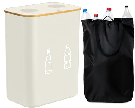 Relaxdays Bottle Recycling Bin with 2 Bags, 160L, Glass & Plastic Collector, 75x57x37 cm, Beige
