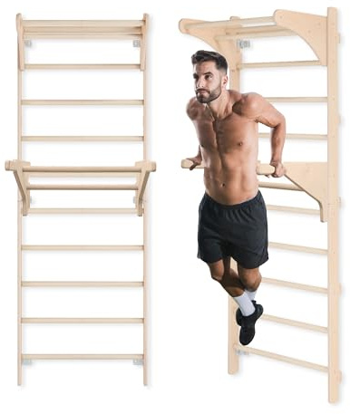 MAMOI Escalera de Gimnasia para Entrenamiento con Mango y Barra de inmersión, construcción Estable para Entrenamiento de Fuerza y Estiramiento, Montaje en Pared, Asas de Entrenamiento