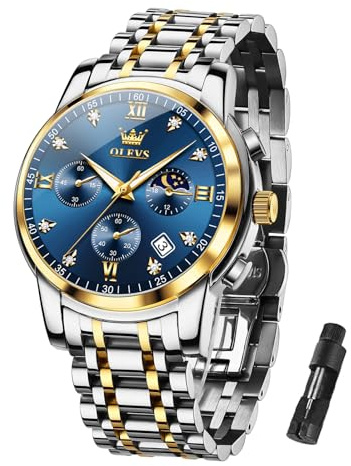 OLEVS Men's Waterproof Quartz Watch, Chronograph Stainless Steel Analog Watch for Men Functional Dial with Date Diamond Luminous Business Men's Watch