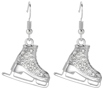 Ice Skate Shoe Dangle Earrings, White Enamel & CZ Crystal with Stainless Steel Hook – Figure Skating Sports Theme Jewellery for Women, Birthday Fashion Gift for Her (Clear CZ)