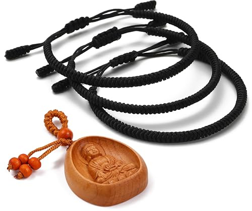 LUCKY BUDDHIST 3 Bracciali Tibetani Buddisti Regolabili – Bracciali in Corda Intrecciata per Uomo e Donna – Include Portachiavi Buddha in Legno