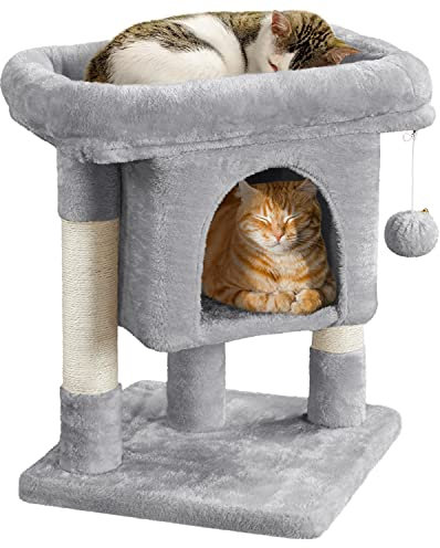 costoffs 2 Levels Cat Tree Stand Cat Tower Activity Centre Kitten Play House with Plush Perches Scratching Posts, 59cm Light Grey