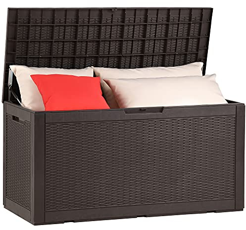 YITAHOME 380L Caja de Almacenaje de Jardín, Resina Grande Arcón de Ordenación Exterior para Exteriores Muebles de Patio, Cojines para Material