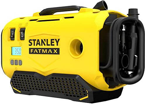 Stanley Inflador de Aire V20 Li-Ion 18V, 3 Power Supply Sources (AC for 230V and DC for 12V/18V), Digital Pressure Adjustment, Auto Shut-off, Yellow, Portable Air Compressor