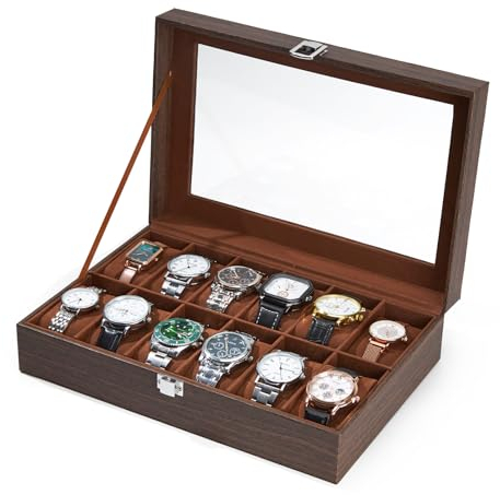 Ohuhu Watch Box with 12 Slots, Watch Case with Glass Lid, Wood Grain Watch Holder with Removable Velvet Pillows, PU Leather, Metal Clasp, Gift Idea for Birthday Christmas
