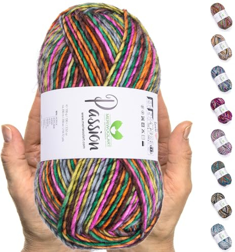 MeriWoolArt® XL-Merino Flerfärgat Garn - 200m Lyxigt Merinoullsgarn för Stickning och Virkning - Perfekt för Tröjor, Halsdukar och Kreativa Gåvor