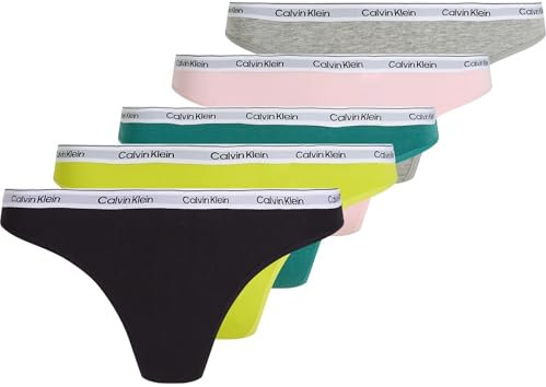 Calvin Klein Damen 5er Pack Strings Thong Low-Rise Baumwolle mit Stretch, Mehrfarbig (Blk/Gryhtr/Bf Pk/Lvly Tl/Kwl Lm), M