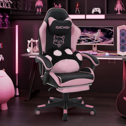 YU YUSING Cute Gaming Stuhl mit Katzenpfote Lendenkissen und Katzenohren, Ergonomischer Gamer Stuhl, Racing Computerstuhl PC Sessel mit Fußstütze Kopfstütze, für Mädchen, Teenager, Kinder, Pink