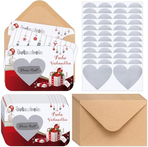 Clabby Tarjeta Rasca y Gana de 12 Vales de Navidad 12 Sobres de Papel Kraft 12 Pegatinas de Rasca y Gana Ganadoras Tarjetas Rasca y Gana en Forma de Corazón Tarjeta de Navidad Suministros Cupón