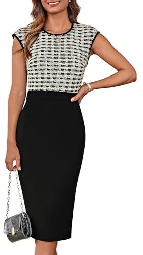 GRACE KARIN Damen Flügelärmel Rundhals Bodycon Bleistiftkleid Elegante Businesskleider Cocktailkleid Schwarz-weiß kariert XL