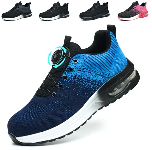 Zapatos de Seguridad para Hombre Mujer Ligero Transpirable Zapatillas de Seguridad Zapatillas de Trabajo con Punteras de Acero Antideslizante Cómodo, Azul, EU 38