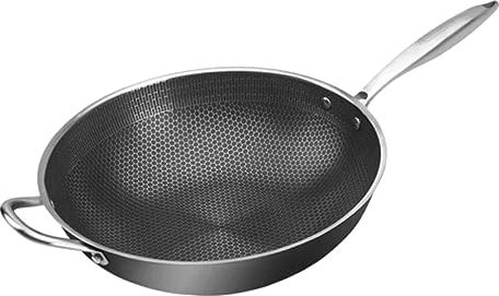 HOMOBABE Wok in Acciaio Inox 34 Cm Fondo Nido D’ape Antiaderente per Fornello a Gas e Induzione, Padella Wok Domestico Leggera e Facile da Pulire per Cucina Quotidiana