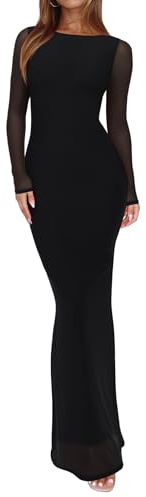 REORIA Women's Fall Mesh Sheer Long Sleeve Wedding Guest Dress Sexy Floral Bodycon Maxi Long Dresses Black Onyx Small