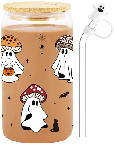 Taza de Halloween con diseño de hongos fantasma, regalos espeluznantes de Halloween para mujeres y adolescentes, bonita taza de café de vidrio de 473 ml con tapas y popotes, relleno de cesta Boo