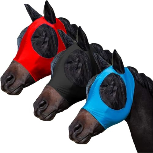 FOXLVDA 3 Pcs Horse Fly Mask - Fly Masks for Horses with Ears, Fashionable and Breathable Stretch Fabric with UV & Sun Protection for Average Size Horse (Blue-Black-Red)