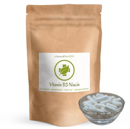 Vitamin B3 Niacin (Nicotinamid) - FLUSHFREE - 200 Kapseln hochdosiert - 466 mg Niacin/Tagesportion - bioaktiv & vegan - Deutsche Herstellung