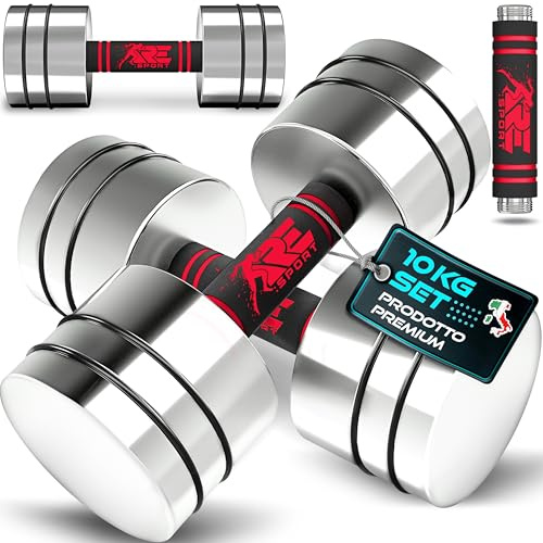 RE:SPORT Lot de 2 haltères courts en acier massif - 2,5/5/7,5/10 kg - Haltères courts avec poids et poignée en mousse - Haltères courts pour fitness, à la maison, la musculation et le développement