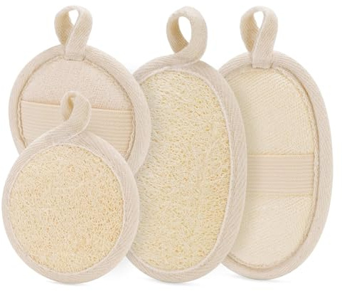 Naturlig luffasvamp, exfolierande kroppsskrubb (2 st), luffa, exfolierande ansiktsskrubb (2 st), tillverkad av naturlig luffa och frottéduk, lämplig för bad, dusch, svamp, på kropp och ansikte