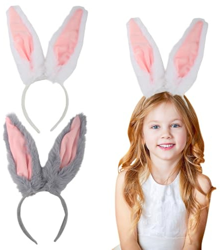 2 Piezas Diadema de Orejas de Conejo de Felpa, Felpa para la Fiesta de Disfraces de Pascua Decoracion para Adultos Niños, Diademas de Conejo Mullida para Pascua Halloween Fiestas Temáticas Cosplay