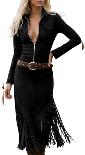 Abito da donna in pelle scamosciata a maniche lunghe con risvolto e frange, vestibilità aderente, con cerniera, per gite, feste, uso quotidiano e viaggi, Nero , S