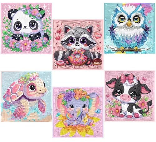 LuminaVerde Diamond Painting, Set di 6 Diamond Painting per Bambini 5D Animali Fai-da-te Decorazione da Parete Casa 6-12 Anni
