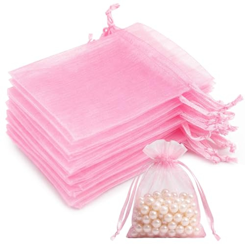 20 PCS Organza Gift Bags, 7 x9 cm Clear Mesh Pouches, Jewellery Bags, Candy Mesh Pouches for Wedding Favours, Christmas, Birthday, Anniversary, Party Supplies, Pink