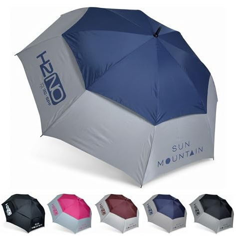 Sun Mountain H2NO Golf Umbrella Nickel/Cadet – 150cm Dual Canopy Windproof & Waterproof Golf Umbrella with 30SPF UV Protection and Auto Open