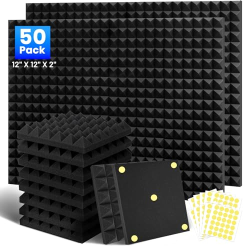 50 Pack Sound Proofing Panels, 2x12x12 Acoustic Foam Wall Panels, Soundproofing Panels, Sound Proof Panels for Walls, Sound Absorbing Panels for Studio, Home, Office, With Double Sided Tape