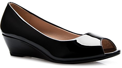 Olivia K Womens Classic Open Toe Kitten Heel Wedges | Dress, Work, Party Low Heeled, Black Patent, 4 UK