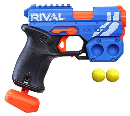 Nerf Rival Knockout XX-100 Blaster - Pistola giocattolo con contenitore per palline, 27m/s, caricamento posteriore, include 2 palline originali Rival Rounds, colore blu