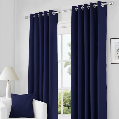RayyanLinen Readymade Blackout Thermal Eyelet Ring Top Pair of Curtains Including 2 free Tiebacks (NAVY BLUE, Width 66 x Drop 72)