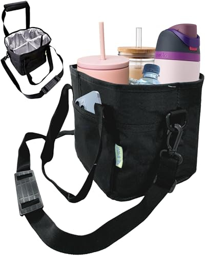 4 Water Bottle Holder with Strap | Family Size 4 Compartment Drink Bag, Multiple Tumbler Carrier Caddy | Adjustable Fits Large & Small Drinks | Hands Free, Won't Tip Over in Car (Black)