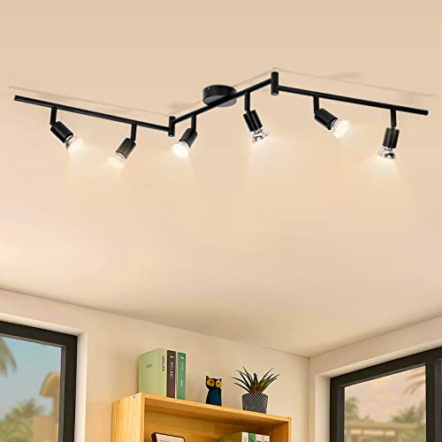 wowatt LED Ceiling Light Rotatable, 6 Way Black Ceiling Spotlights Including 6 x 5W GU10 LED Light Bulbs, 2800K Warm White Spot Lights 420LM, Kitchen Light Fittings for Bedroom, Living Room, Hallway