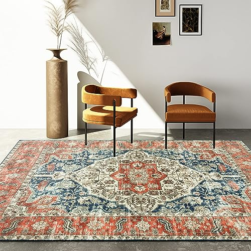 CHOSHOME Teppich Wohnzimmer Waschbarer Vintage Kurzflor Teppich Orientalisch Weiche Teppiche für Schlafzimmer Boho Teppiche rutschfest 80x150CM Orange Waschbar in Waschmaschine