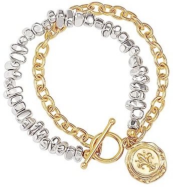 PEARLADA Two Tone Layered Bracelets for Women, Gold Plated and Silver Plated Mixed Metal Bracelet, Chunky Statement Coin Charm Bracelet with Toggle