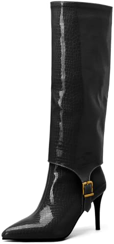 MJIASIAWA Damen Mode Lack Knee Reitstiefel Ohne Verschluss Party Kleid Stiletto Elegant Equestrian Winter Warm Boots Schwarz Gr 35 Eu