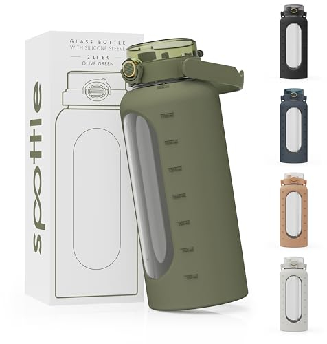spottle 2 L Glass Water Bottle with Straw – Large 2L Water Bottle with Food-Grade Silicone Sleeve – Leak-Proof, Dishwasher Safe, BPA-Free