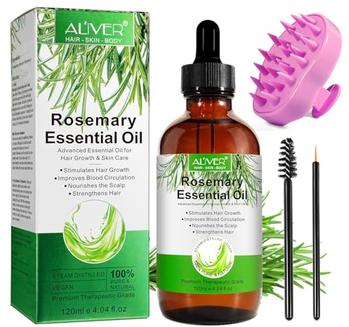 Aceite de Romero para el Crecimiento del Cabello 120ml con Masajeador de Cuero Cabelludo, Aceite Esencial de Romero 100% puro para Pestañas, Cejas, Rostro, Cuidado de la Piel, Masaje Corporal
