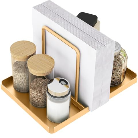 STWWO Bordsservetthållare, metallservetthållare med salt- och pepparshaker-hållare, stående pappersservettdispenser för köksdekor, guld
