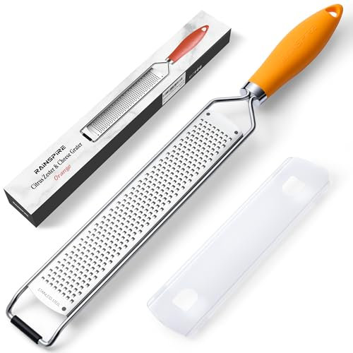 Rainspire Zester Grater with Handle, Lemon Zester Cheese Grater for Kitchen Stainless Steel, Parmesan Cheese Garlic Nutmeg Chocolate Fruits Vegetables Ginger Grater, Fine (Orange)