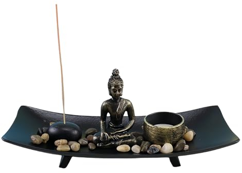 MEGYAD Zen Garden con statuetta di Buddha: supporto per bastoncini di incenso, set con porta candele, statua di Buddha Zen, decorazione da giardino, bastoncini di incenso giapponesi per decorazione