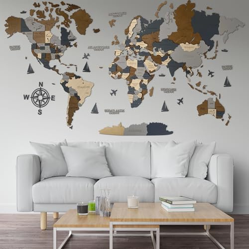 WoodLeo Hölzerne Weltkarte (Deutsch) - 3D Art Large Wall Decor - Karte Größe (M, L, XL) Jeder Anlass Geschenkidee - Wandkunst für Haus, Küche oder Büro (SKY, M (120x62 cm))