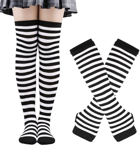 Chaussettes Hautes à Rayures et Gants Sans Doigts Ensemble, Chaussettes Longues Rayées Gants Longs Rayés pour Femmes Filles (FR/ES, Alpha/lettres, Taille unique, Taille normale, Taille normale, Blanc)