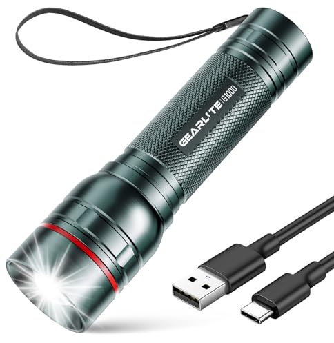 GEARLITE Linterna LED Recargable, 2000LM Linternas LED Alta Potencia con 3 Modos, Zoomable, IP65 Impermeable Mini Linterna Pequeña Potente Tactica Militar para Niños, Camping, Emergência(Gris)